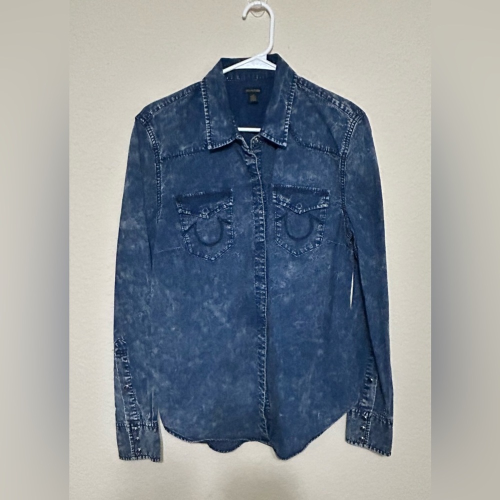 True Religion Georgia Denim Shirt Women Size Large Western Snap Button Cowgirl